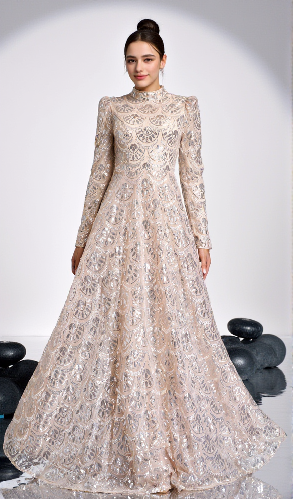 AIIZIE LONG SLEEVE LACE BACK SEQUIN MAXI DRESS IN GOLD - product image