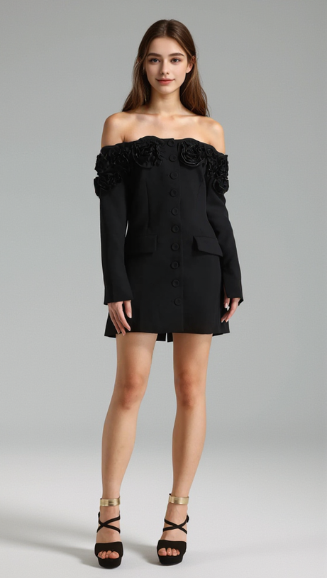 ERICA 3D FLORAL OFF-SHOULDER MINI DRESS IN BLACK