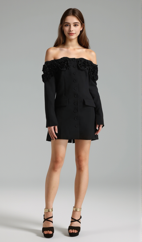 ERICA 3D FLORAL OFF-SHOULDER MINI DRESS IN BLACK