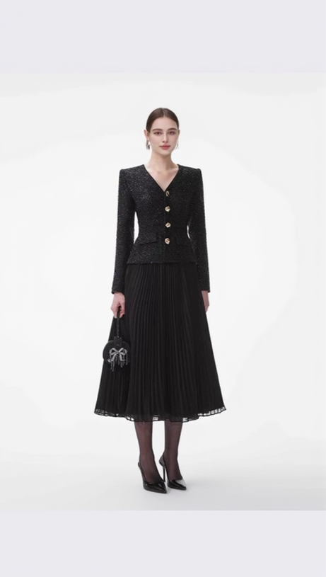 BLACK TINSEL BOUCLE CHIFFON MIDI DRESS