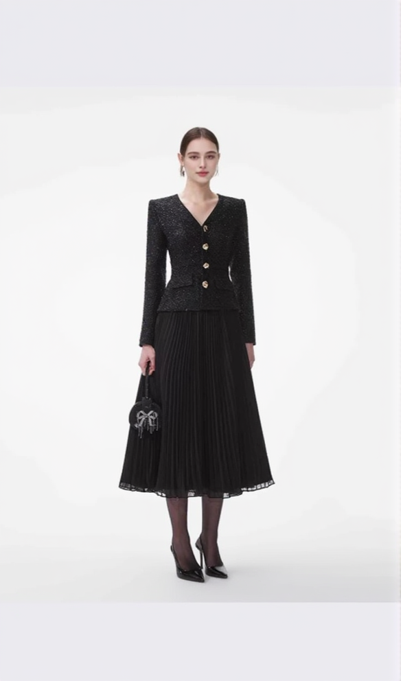 BLACK TINSEL BOUCLE CHIFFON MIDI DRESS