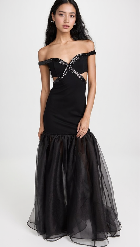 MAUD EMBELLISHED CUTOUT MAXI DRESS IN BLACK