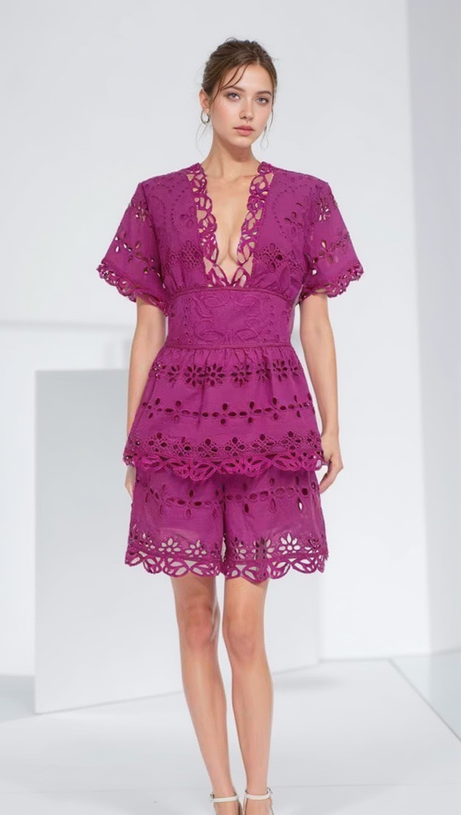 MAGGIE PURPLE LAYERED CUT OUT LACE TOP SHORTS SUIT