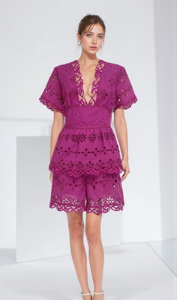 MAGGIE PURPLE LAYERED CUT OUT LACE TOP SHORTS SUIT
