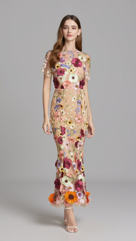 FLORAL EMBROIDERY MESH FISHTAIL MIDI DRESS IN BROWN