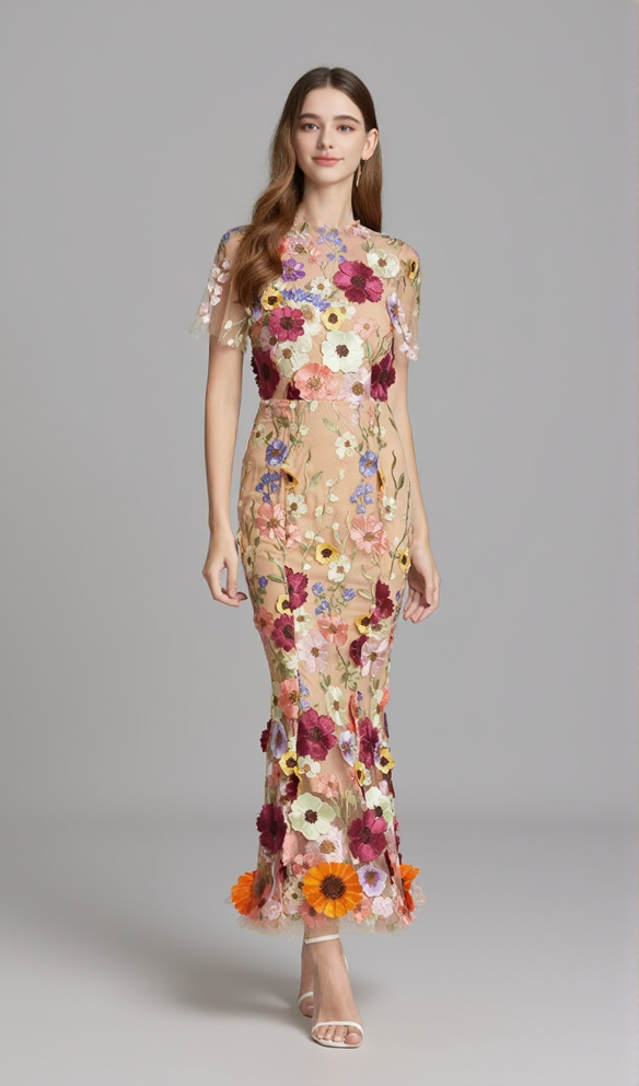 AIIZIE FLORAL EMBROIDERY MESH FISHTAIL MIDI DRESS IN BROWN - product image