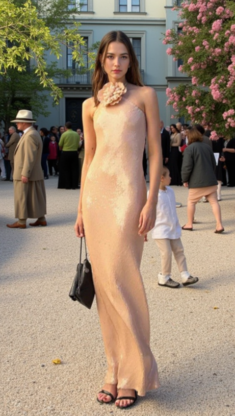 ADELAIDE ROSETTE HALTER SEQUINED GOWN IN CHAMPAGNE