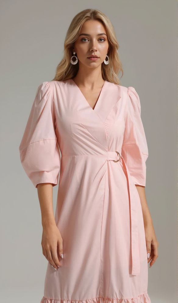 AIIZIE ANTONIA PINK PUFF SLEEVE RUFFLE MIDI DRESS - product image