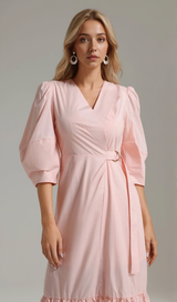 ANTONIA PINK PUFF SLEEVE RUFFLE MIDI DRESS