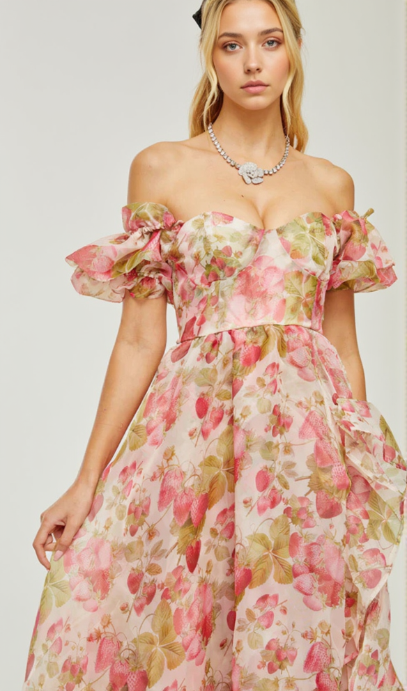 AIIZIE FRUIT-PRINT RUFFLED MAXI DRESS IN PINK - product image