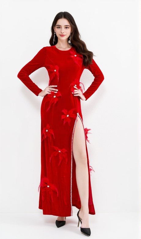 3d feather flower velvet maxi dress in red