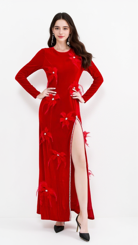 3D FEATHER FLOWER VELVET MAXI DRESS IN RED