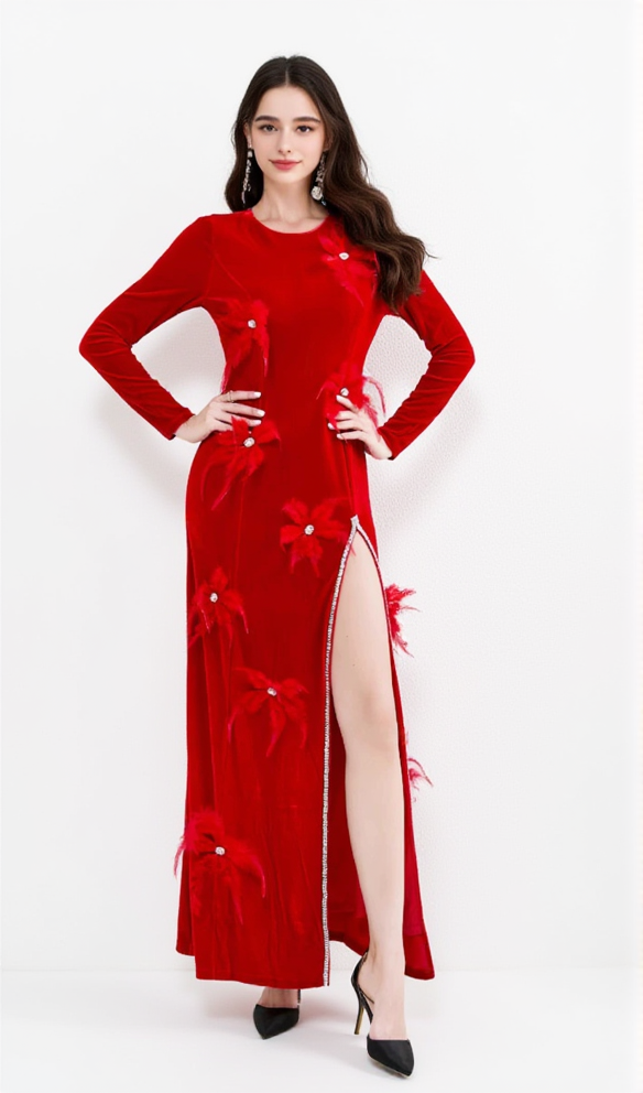 3D FEATHER FLOWER VELVET MAXI DRESS IN RED