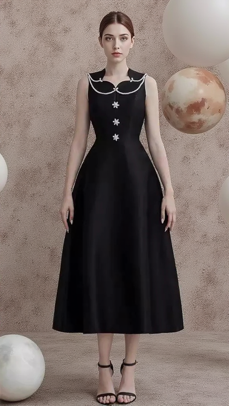 PEARL EMBELLISHED A LINE MIDI DRESS IN BLACK