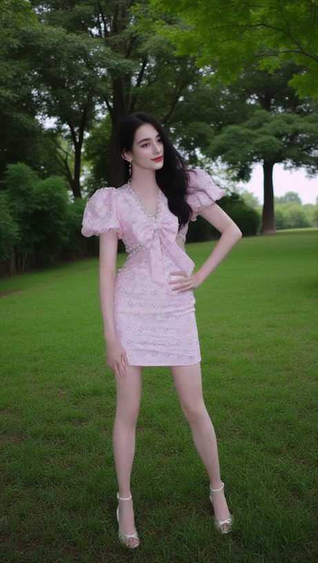 POPPY DIAMOND BUBBLE SLEEVED V-NECK DRESS IN PINK