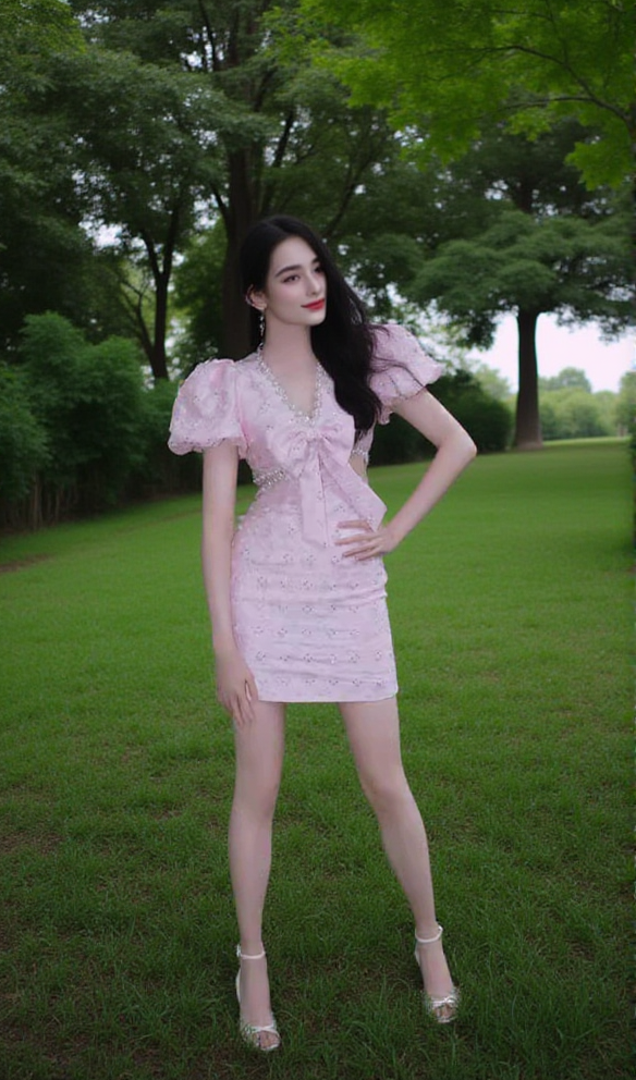 AIIZIE POPPY DIAMOND BUBBLE SLEEVED V-NECK DRESS IN PINK - product image