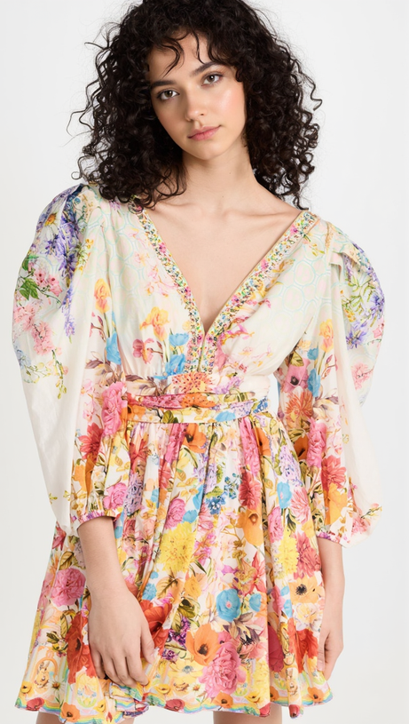 MINI ABITO IN SETA CON STAMPA E MANICHE A SBUFFO