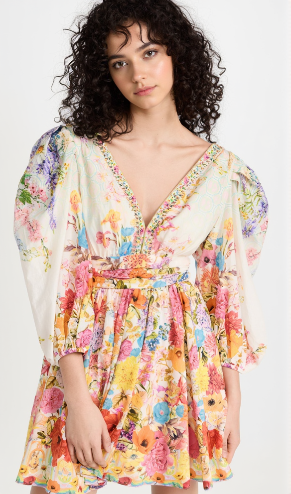 AIIZIE PUFF SLEEVE PRINT SILK MINI DRESS - product image