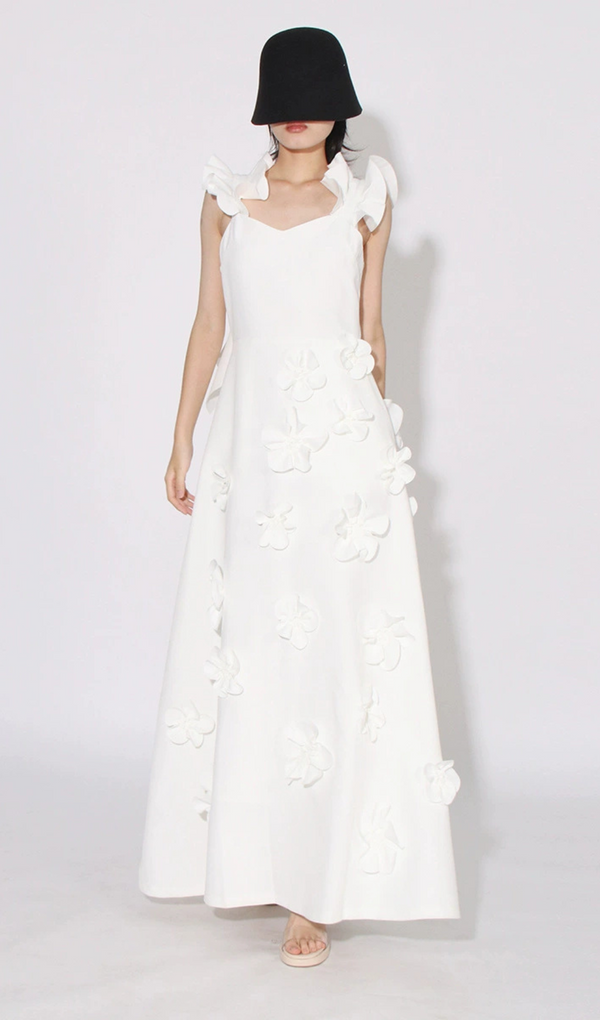 flower ruffle trim strap midi dress in white