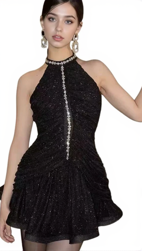 AMENAE – Verziertes, gerüschtes Minikleid in Schwarz