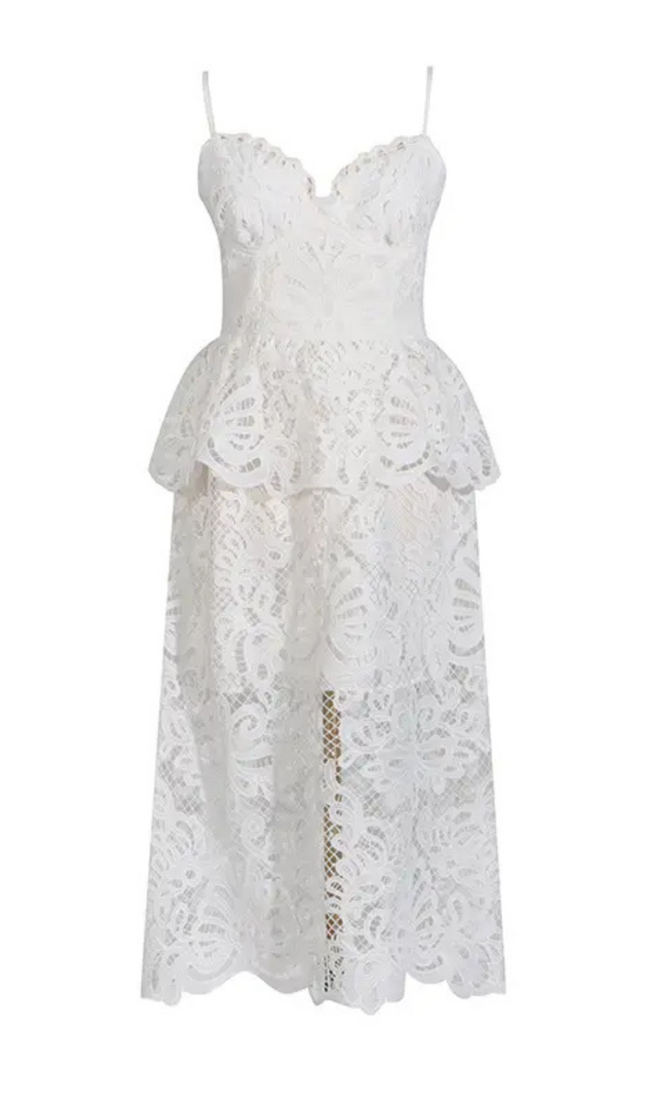 EVELYN MIDIKLEID MIT AUSSCHNITT UND SPITZE IN WEISS