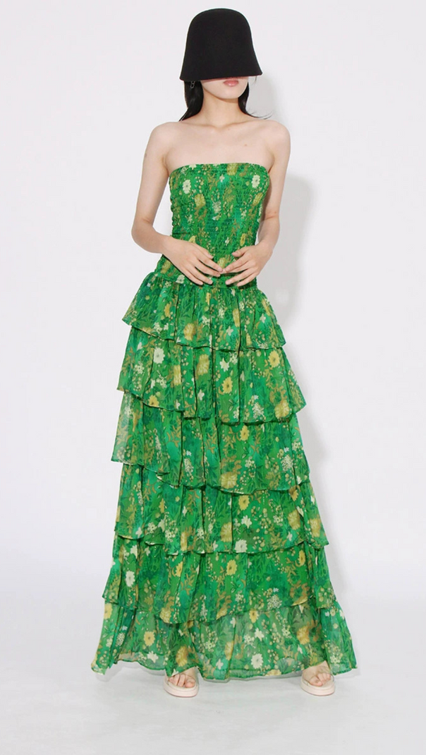 AIIZIE STRAPLESS LAYERED BANDEAU FLORAL PRINT MAXI DRESS IN GREEN - product image