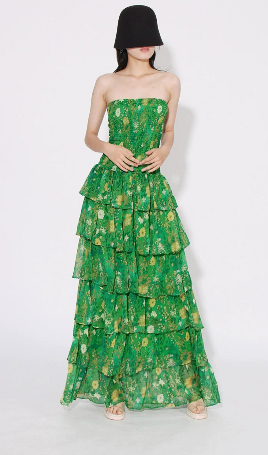 STRAPLESS LAYERED BANDEAU FLORAL PRINT MAXI DRESS IN GREEN