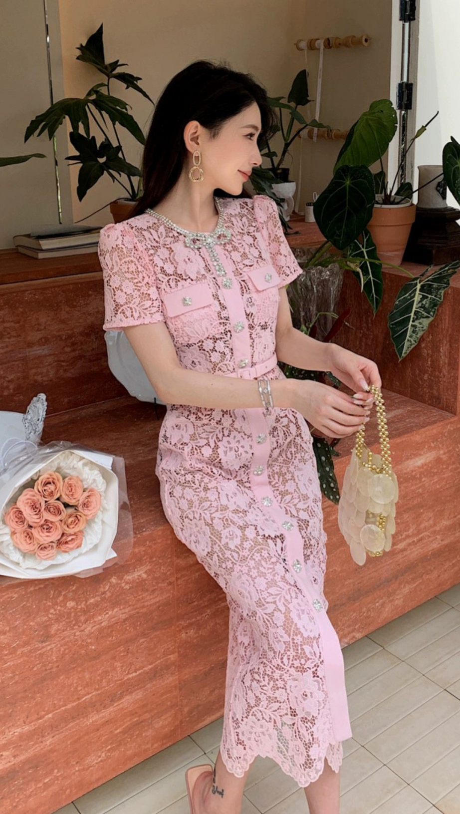 PINK LACE DIAMANTE BOW MIDI DRESS