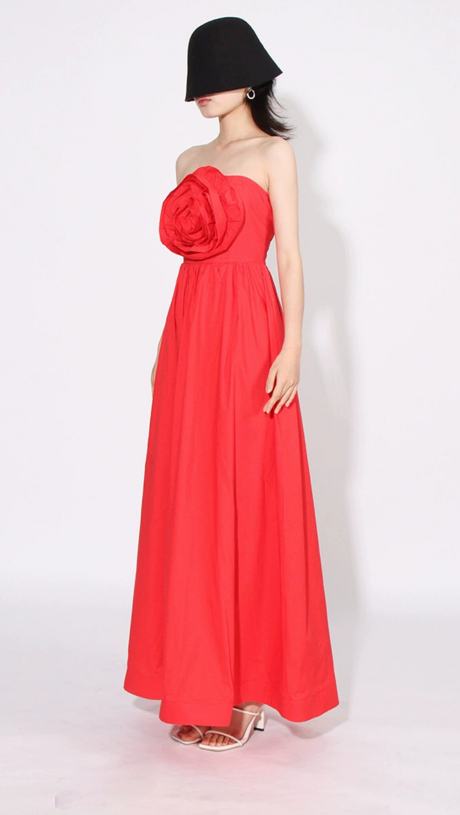 OFF-SHOULDER 3D FLOWER CHIFFON MAXI DRESS IN RED