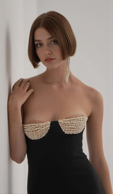 PEARL EMBELLISHED OFF-SHOULDER HIGH SPLIT DRESS