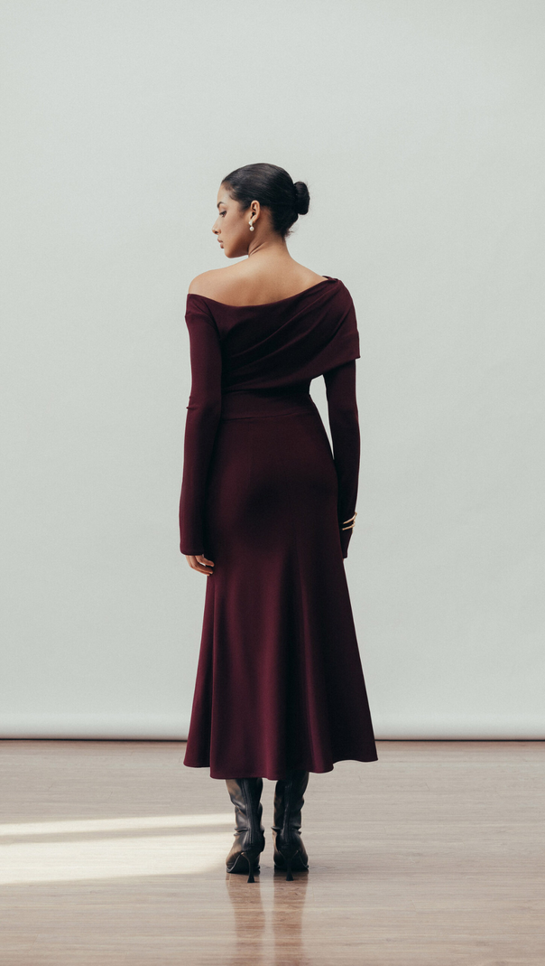 AIIZIE ARIA DRAPED MAXI DRESS IN BURGUNDY - product image