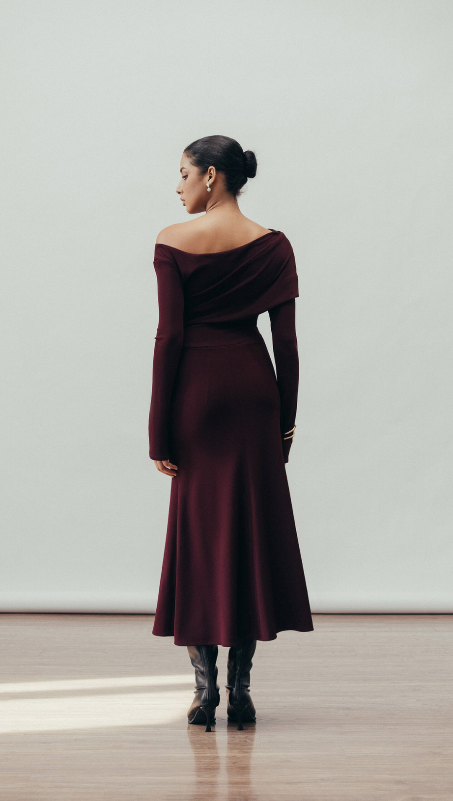 ARIA DRAPED MAXI DRESS IN BURGUNDY