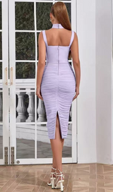 MESH RUCHED MIDI DRESS IN PURPLE