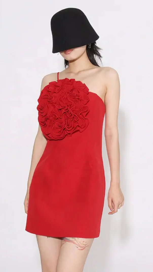 AIIZIE AMITY ONE-SHOULDER FLORAL-APPLIQUÉ MINI DRESS IN RED - product image