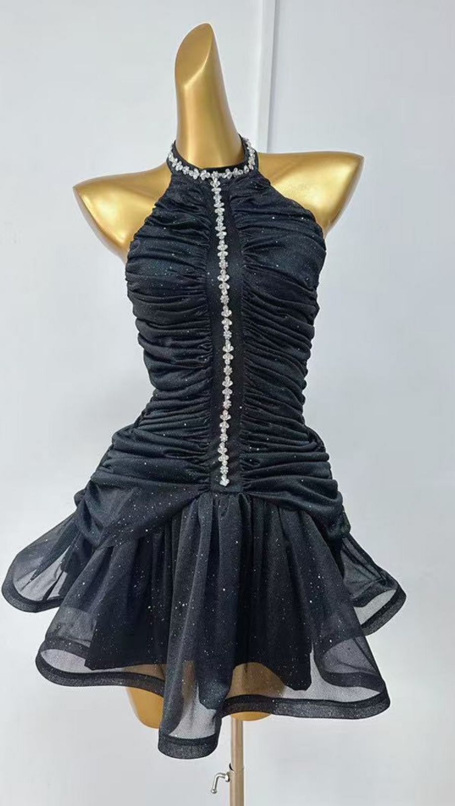 AMENAE EMBELLISHED RUCHED MINI DRESS IN BLACK