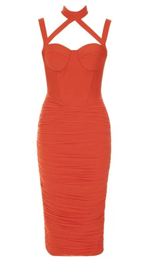 AIIZIE MESH RUCHED MIDI DRESS IN ORANGE - product image
