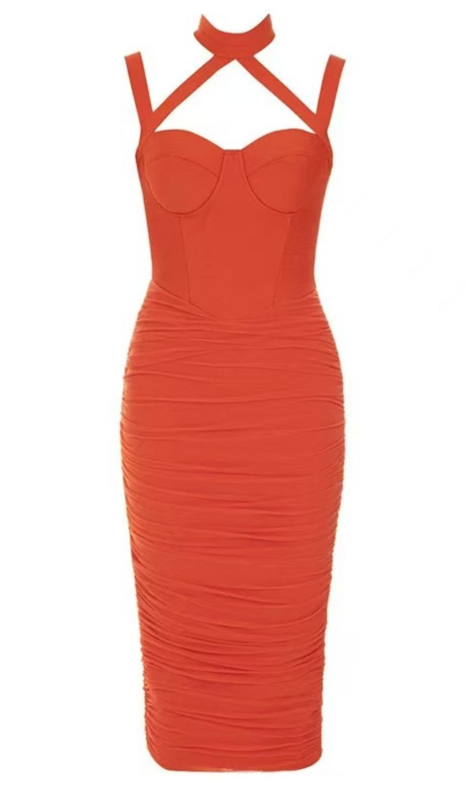 MESH RUCHED MIDI DRESS IN ORANGE