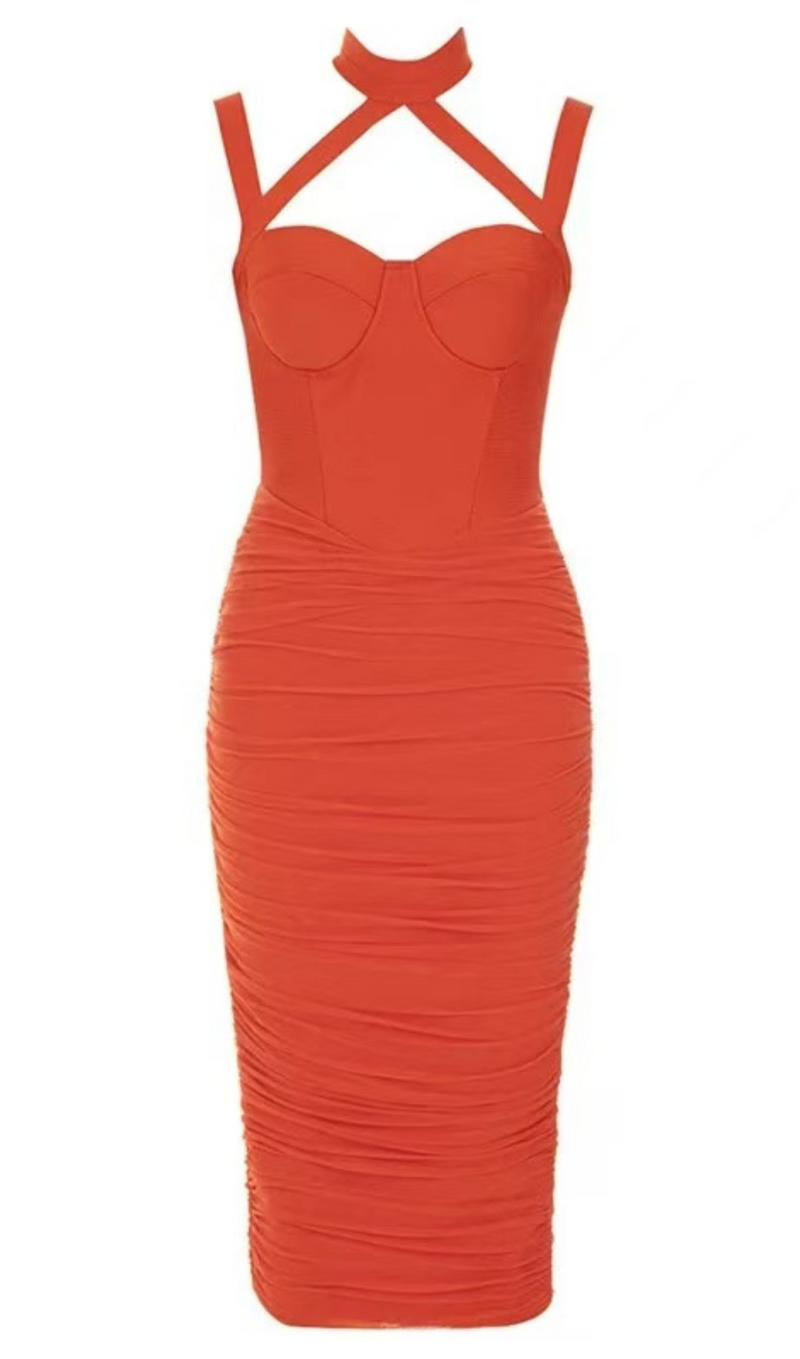 MESH RUCHED MIDI DRESS IN ORANGE