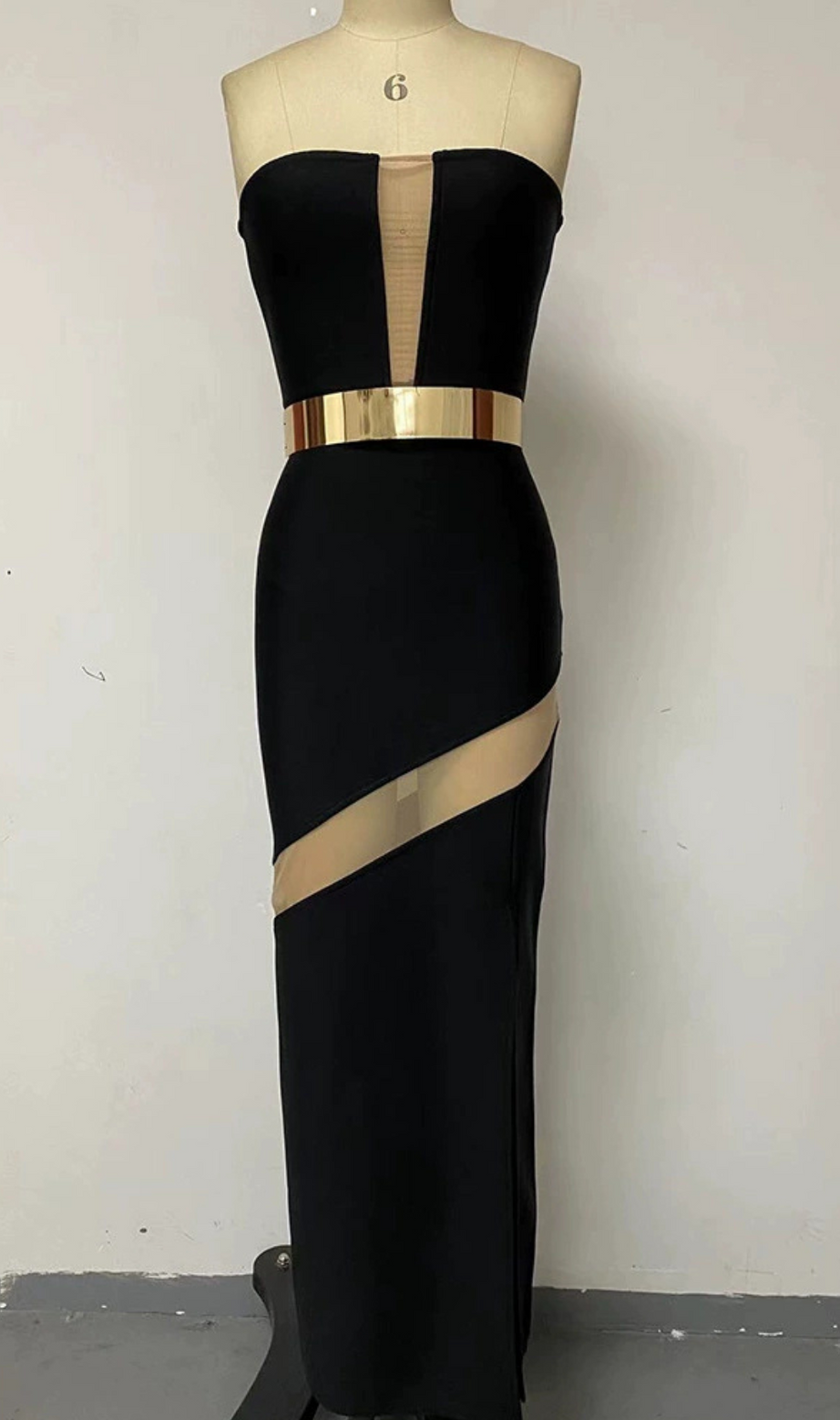 STRAPLESS PATCHWORK BANDAGE MAXI DRESS IN BLACK
