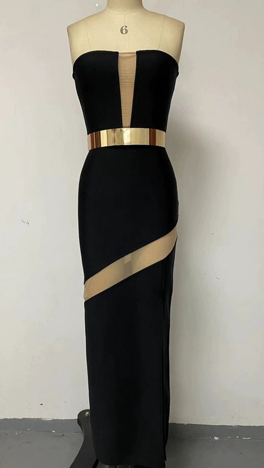 STRAPLESS PATCHWORK BANDAGE MAXI DRESS IN BLACK