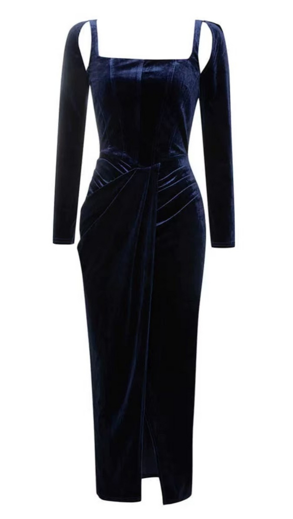 AIIZIE STRUCTURED DRAPED VELVET MAXI DRESS IN BLUE - product image