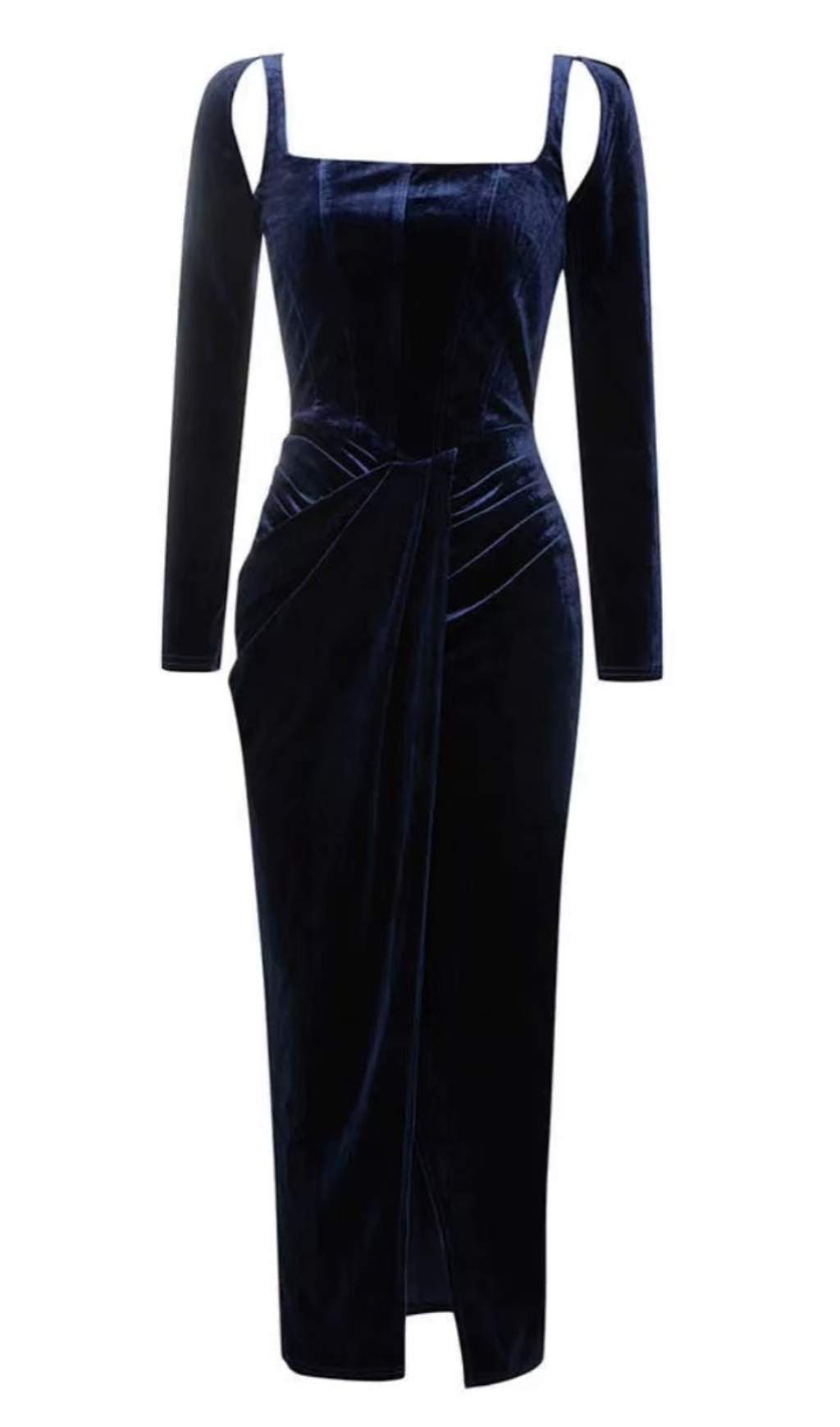 STRUCTURED DRAPED VELVET MAXI DRESS IN BLUE