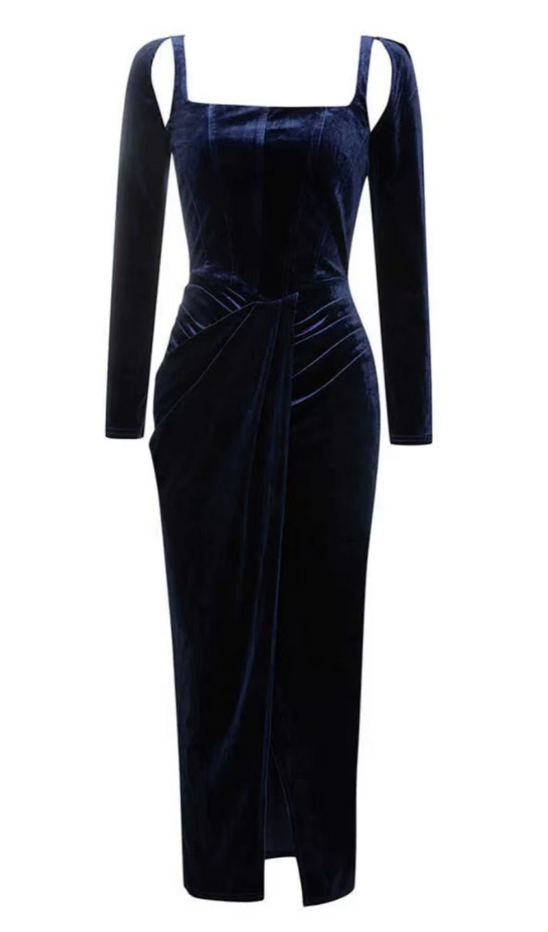 STRUCTURED DRAPED VELVET MAXI DRESS IN BLUE