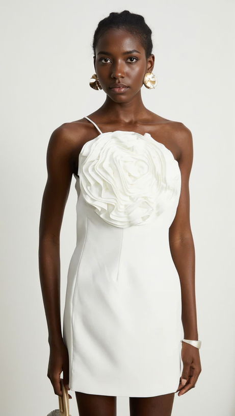 AMITY ONE-SHOULDER FLORAL-APPLIQUÉ MINI DRESS IN WHITE