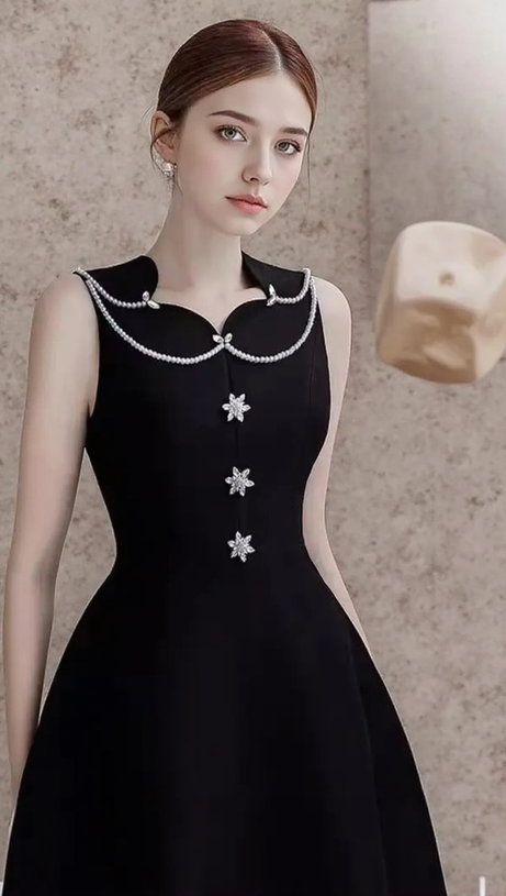 PEARL EMBELLISHED A LINE MIDI DRESS IN BLACK
