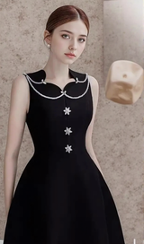 PEARL EMBELLISHED A LINE MIDI DRESS IN BLACK