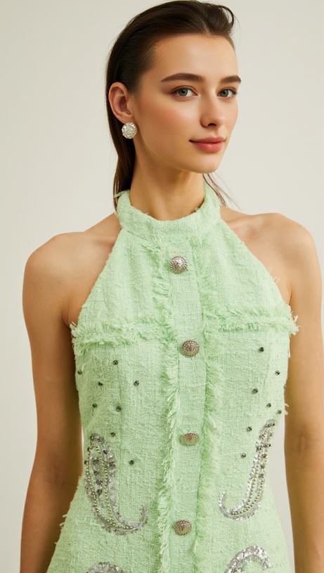 GEMMA PAISLEY-EMBELLISHED TWEED MINI DRESS IN GREEN