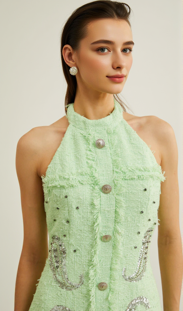 GEMMA PAISLEY-EMBELLISHED TWEED MINI DRESS IN GREEN