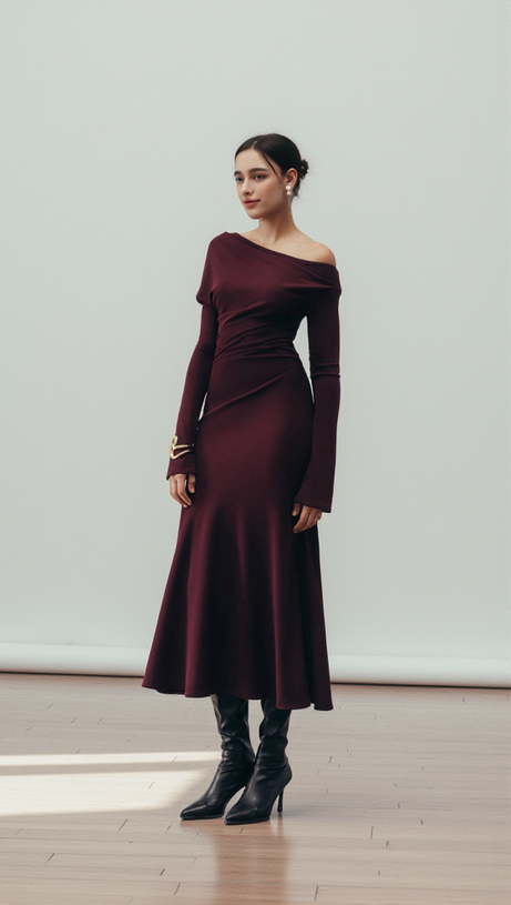 ARIA DRAPED MAXI DRESS IN BURGUNDY