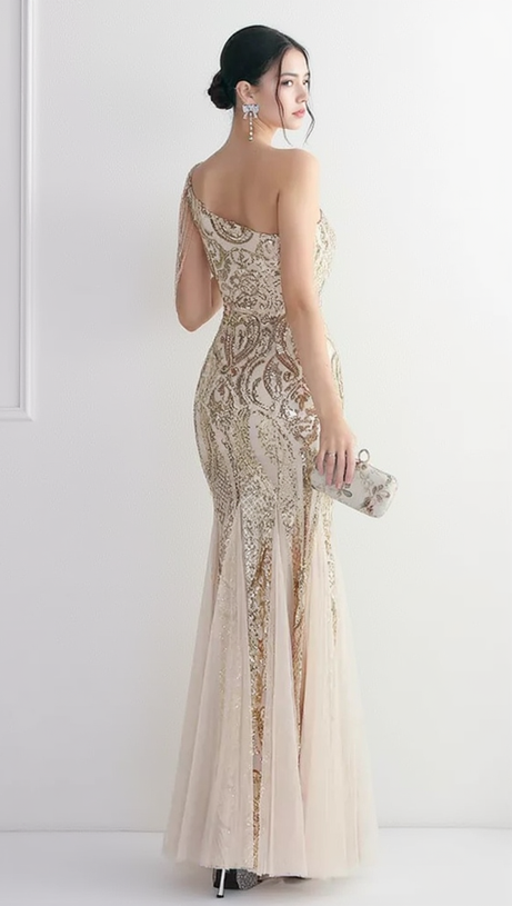 DEIRDRE GOLD ONE-SHOULDER SEQUINED FISHTAIL MAXI DRESS
